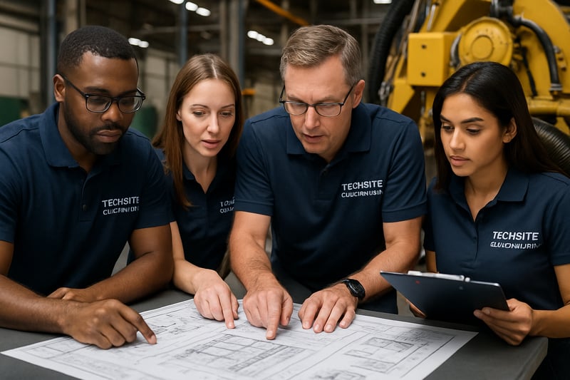 Techsite Consulting team reviewing machinery optimization plans